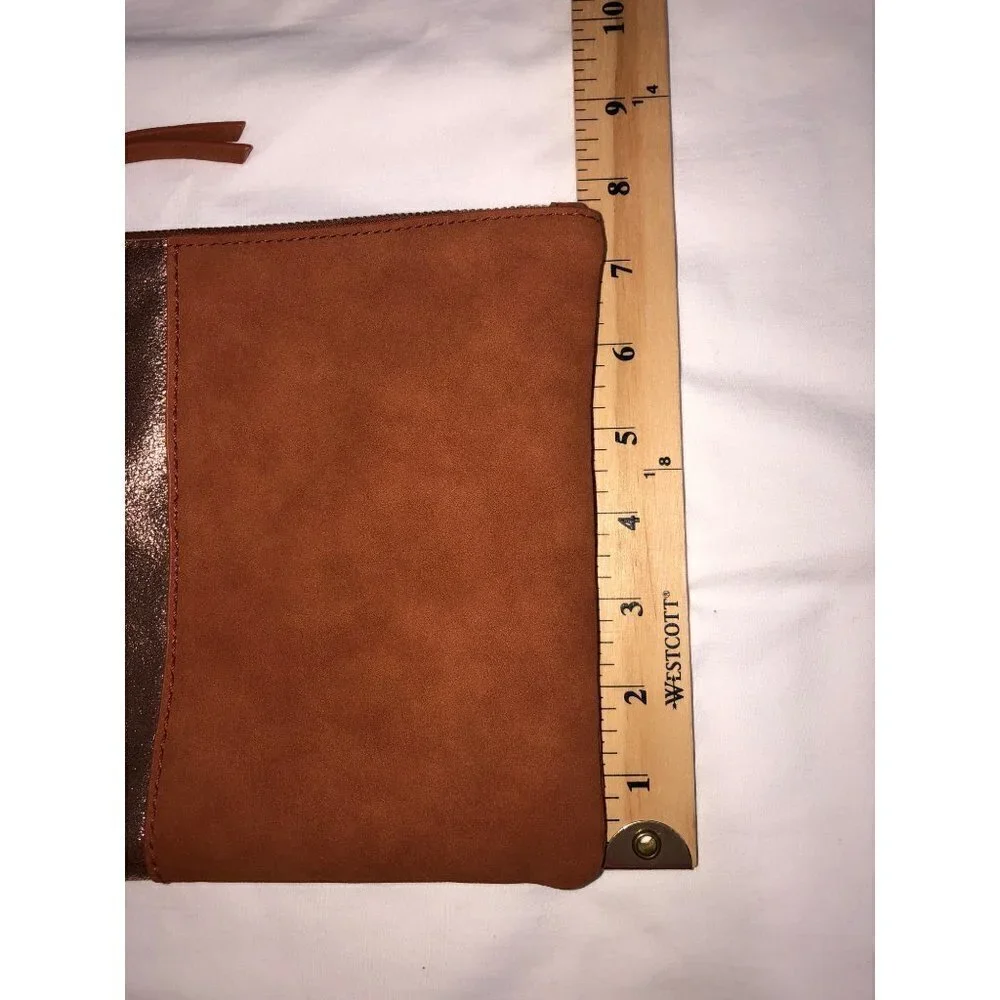 Wristlet Handbag Brown Gold Metallic Purse Vegan Leather Zip Top NEW